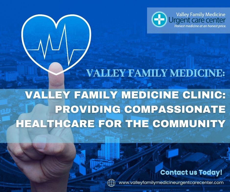 Heart symbol with an EKG line overlay, hands pointing to Valley Family Medicine clinic details.