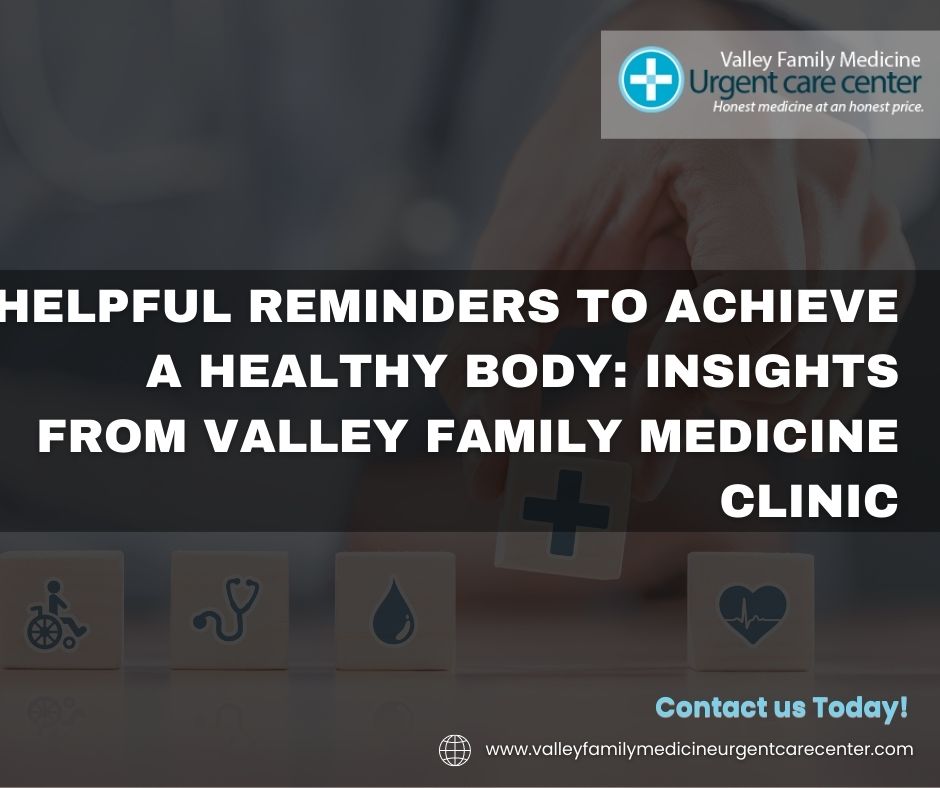 Text on a dark background outlines health tips, with healthcare icons displayed on blocks.